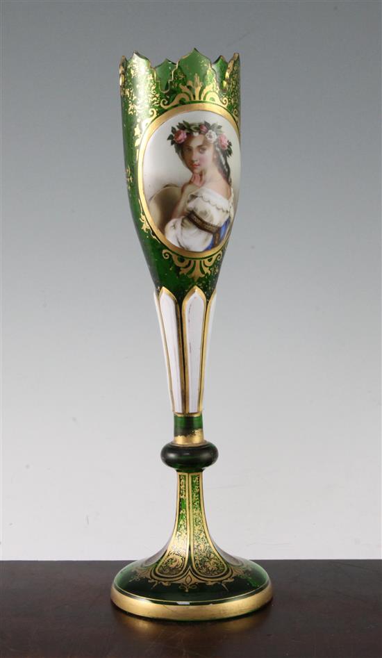 A Bohemian enamelled and overlaid glass vase, late 19th century, 34cm